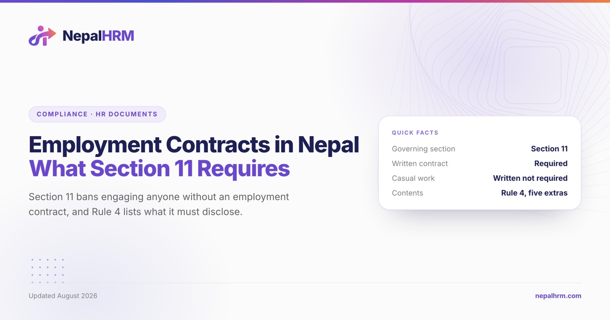 The eight items Section 11 and Rule 4 require an employment contract in Nepal to disclose, listed as a checklist