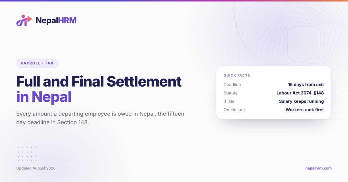 A Nepali full and final settlement showing the fifteen day statutory deadline and the components a departing employee is owed