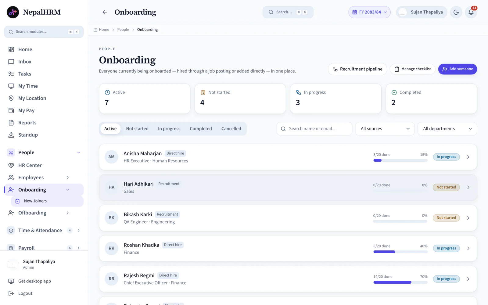 NepalHRM onboarding board listing every new joiner with their source, checklist progress and status, plus counters for active, not started, in progress and completed onboardings